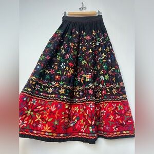 Vtg Monsoon Hand-Embroidered Black Cotton Midi Skirt Folk Floral Detail‎ US 8
